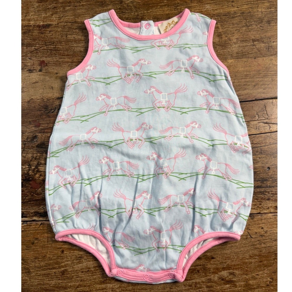 The Beaufort Bonnet Company Blue Pink Horse Pima Cotton Bubble Romper 18-24M